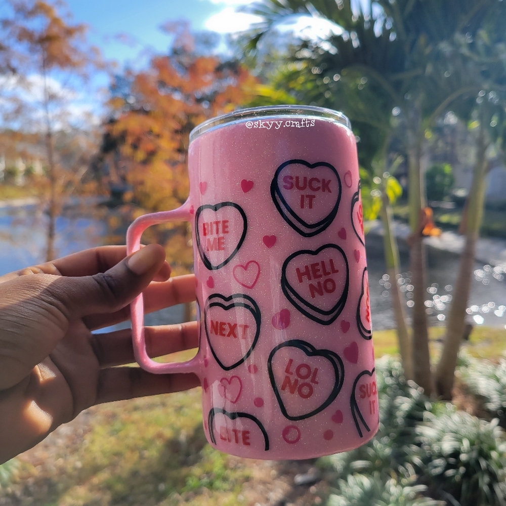Handmade glitter valentine's day 15oz mug conversation hearts tumbler cup coffee - Picture 1 of 4